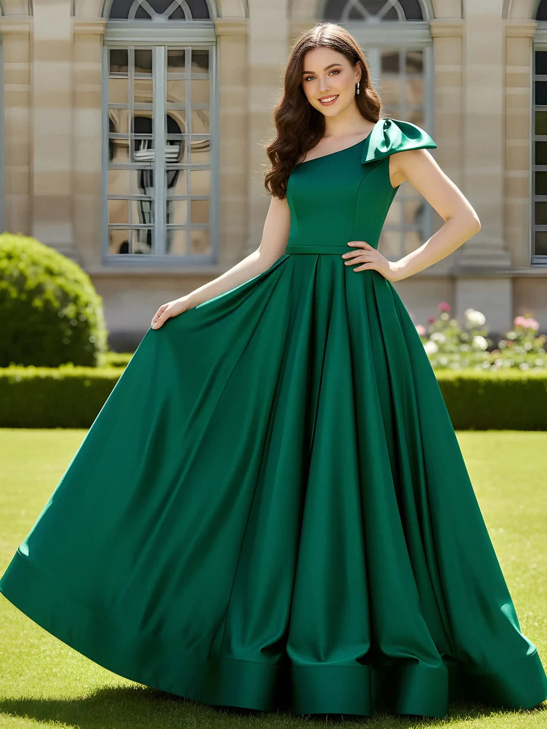Elegant A-Line One-Shoulder Pleated Emerald Green Floor-Length Prom Dress Women's Gown