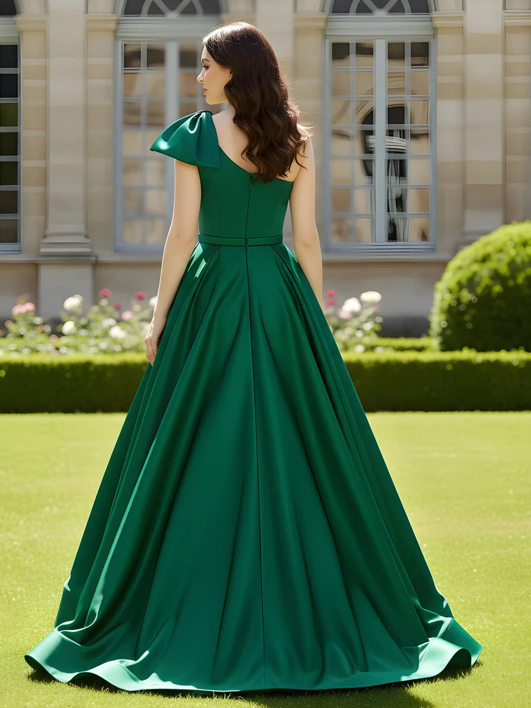 Elegant A-Line One-Shoulder Pleated Emerald Green Floor-Length Prom Dress Women's Gown