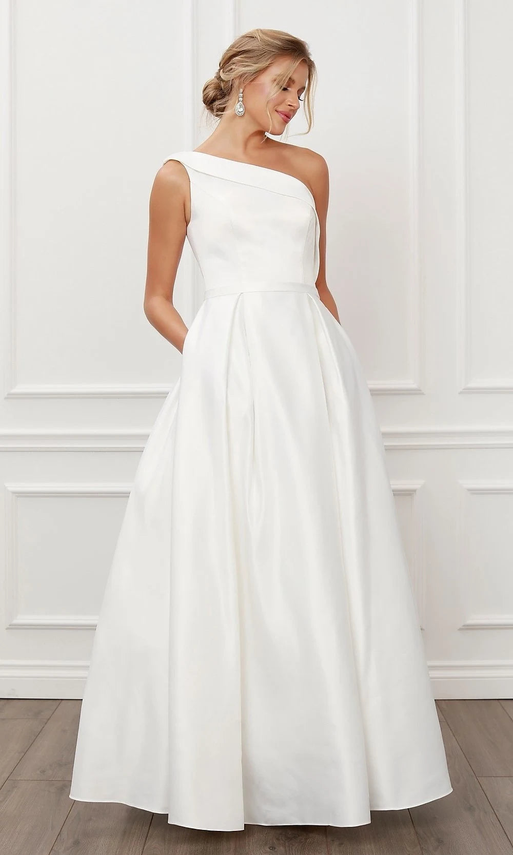 Elegant A-Line One-Shoulder Pleated Pockets Ivory Floor-Length Prom Gown