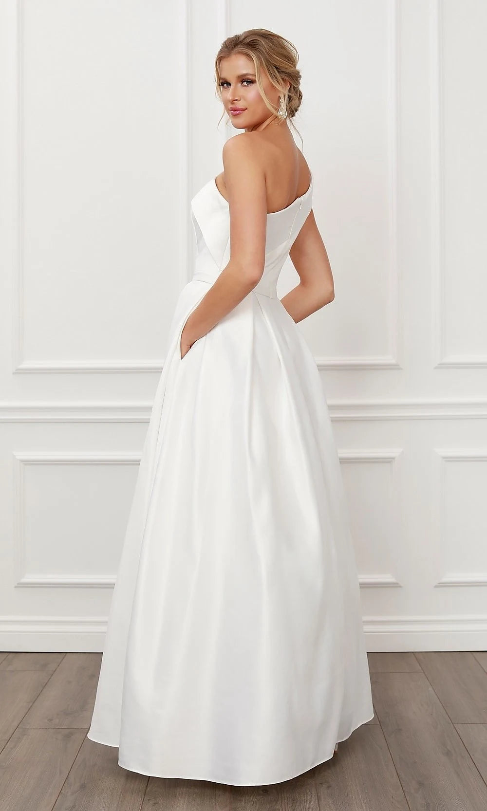 Elegant A-Line One-Shoulder Pleated Pockets Ivory Floor-Length Prom Gown