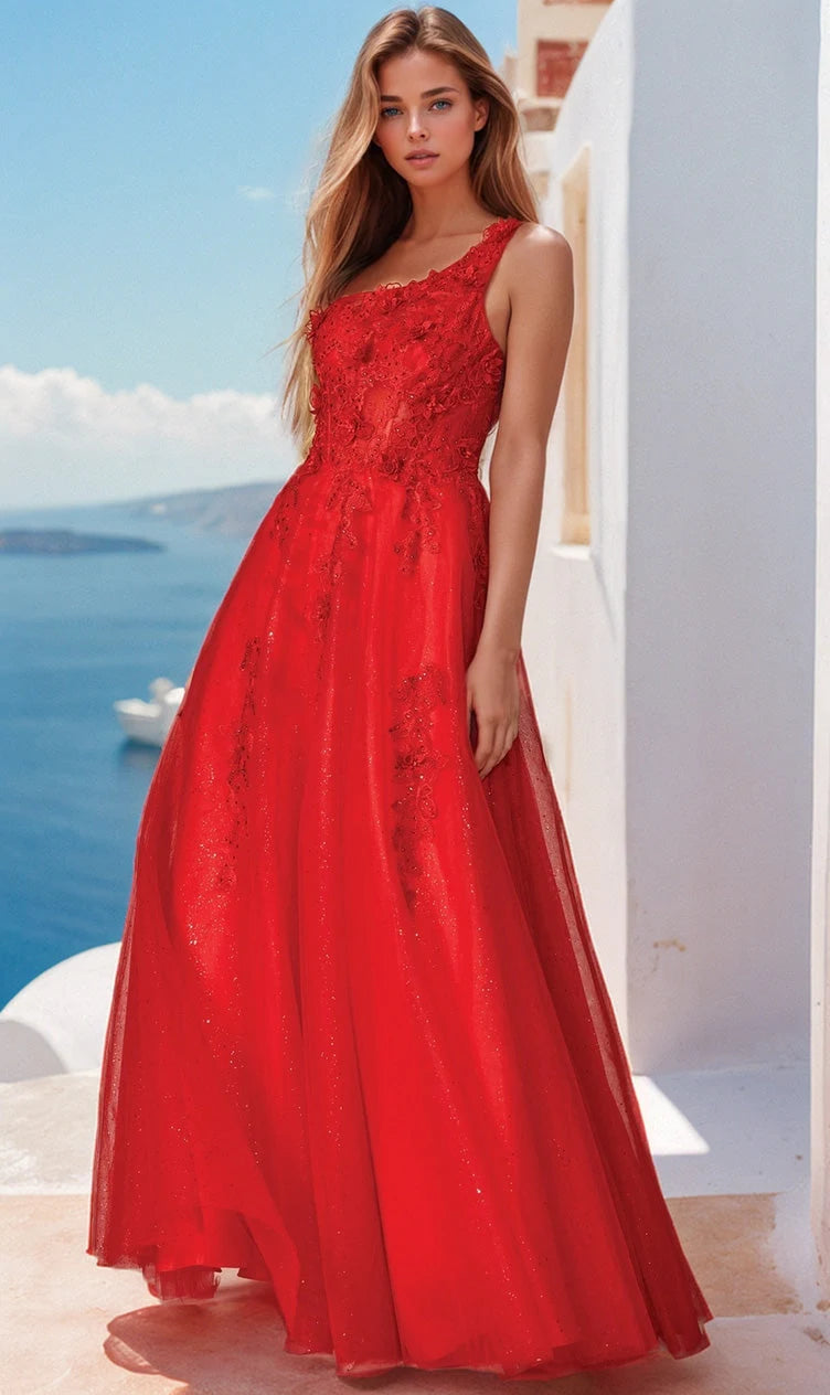 Elegant A-Line One-Shoulder Sleeveless Applique Sparkle Red Long Prom Dresses Women