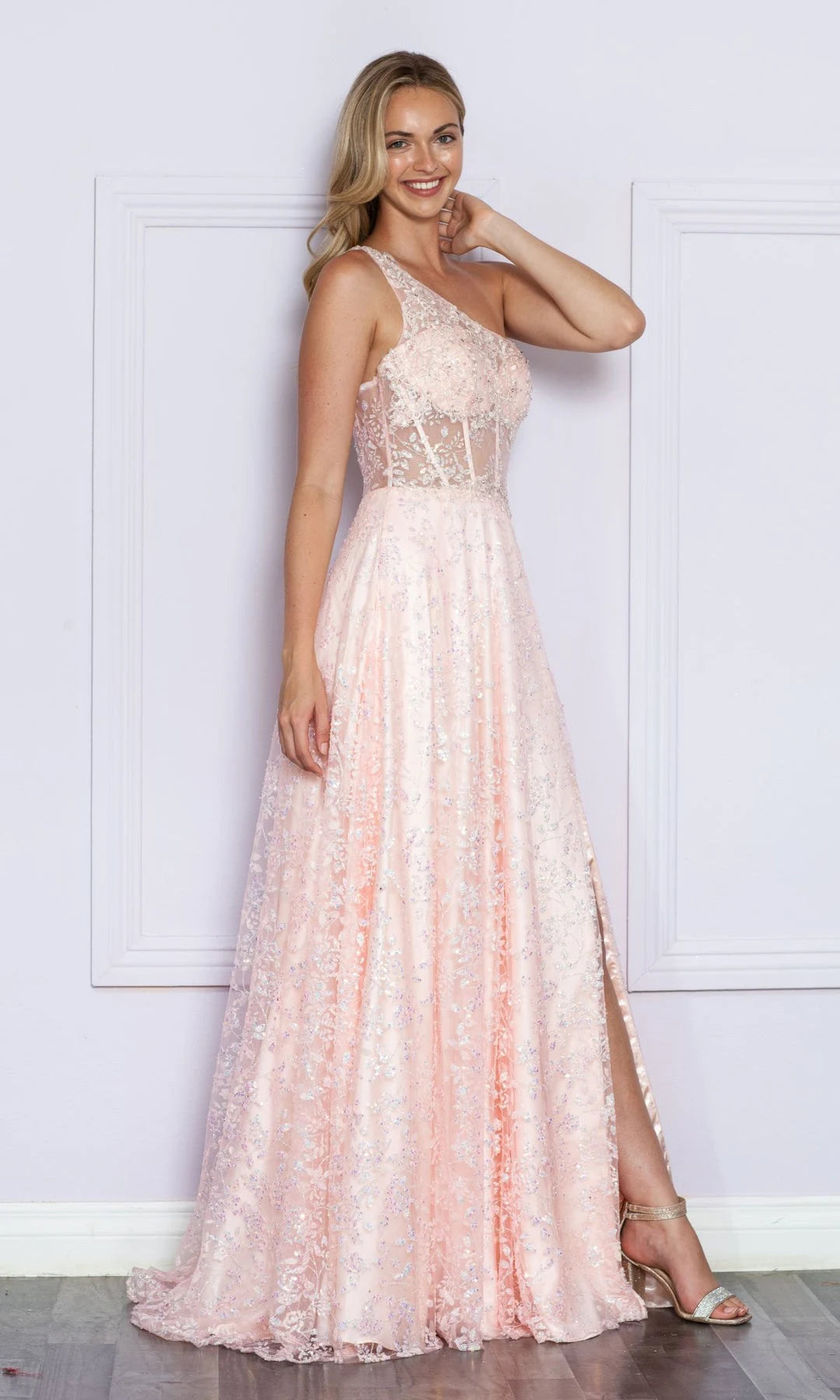 Elegant A-Line One-Shoulder Sleeveless Corset Slit Pink Long Prom Dresses Women