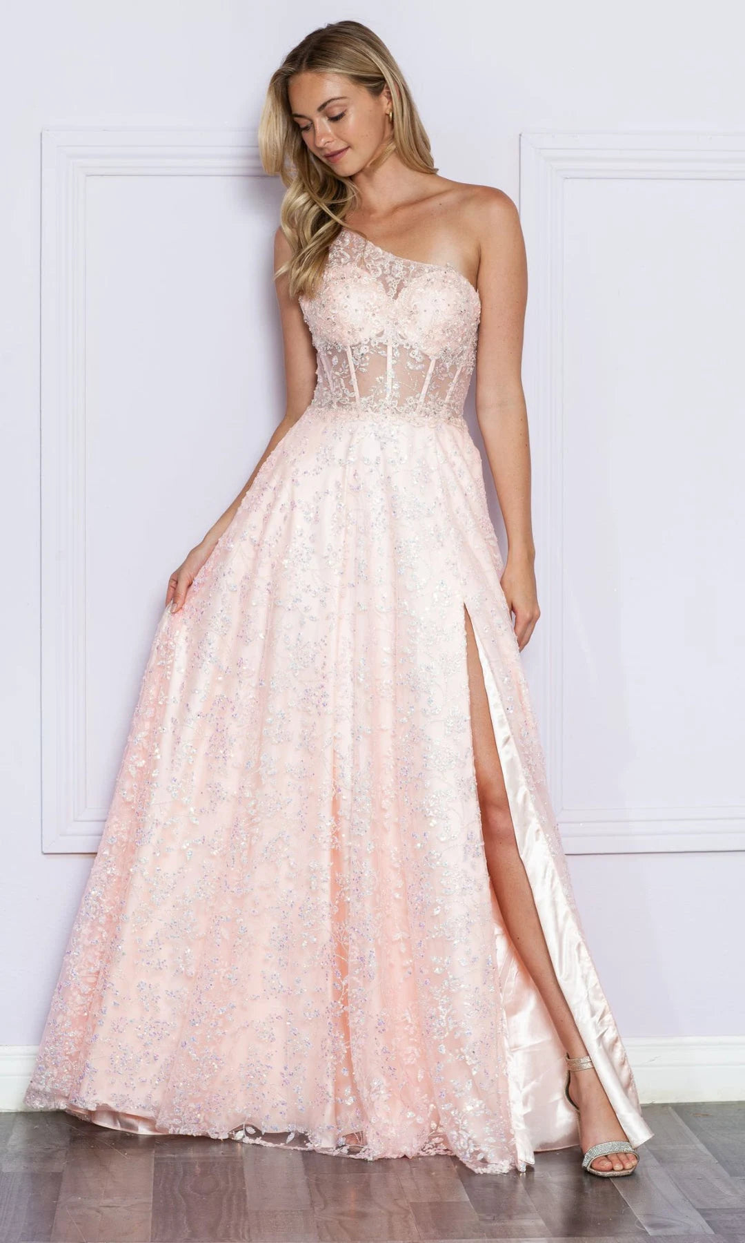 Elegant A-Line One-Shoulder Sleeveless Corset Slit Pink Long Prom Dresses Women