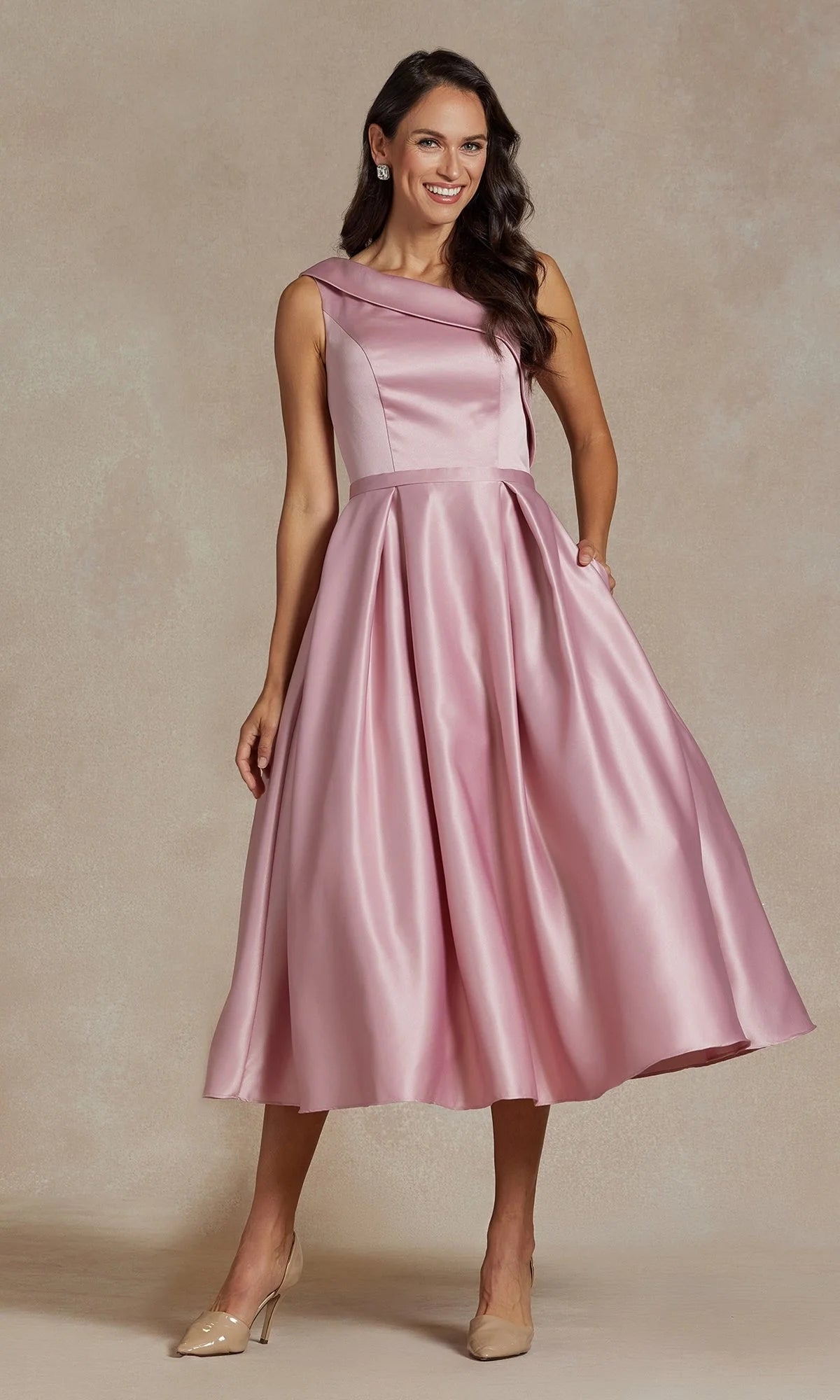 Elegant A-Line One-Shoulder Sleeveless Pleated Dusty Pink Tea-Length Homecoming Gown