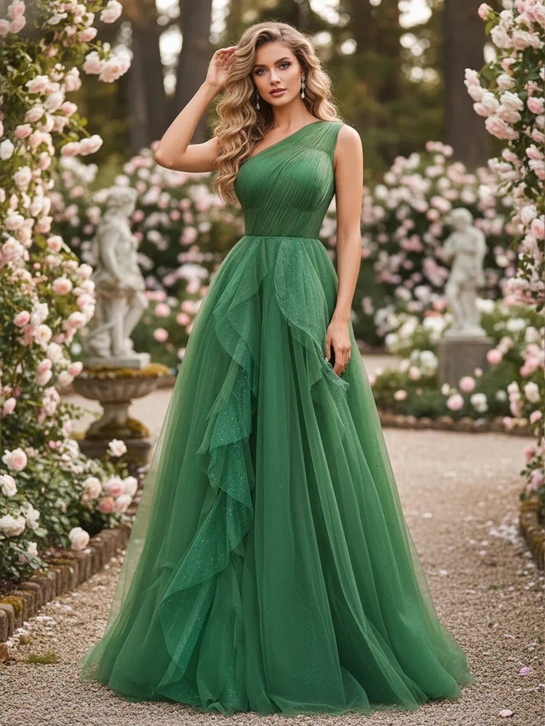 Elegant A-Line One-Shoulder Sleeveless Ruffled Glittering Green Floor-Length Prom Gown