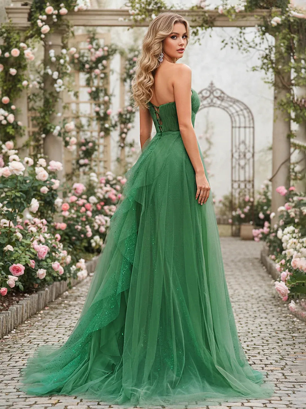 Elegant A-Line One-Shoulder Sleeveless Ruffled Glittering Green Floor-Length Prom Gown