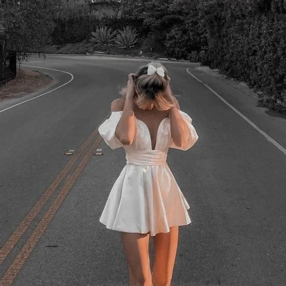 Elegant A-Line Plunge Off-Shoulder Puffy Sleeve Open Back Mini Homecoming Dress with Bow Detail