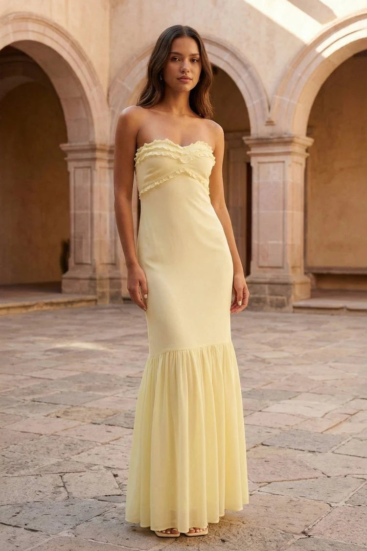 Elegant A-Line Ruffled Strapless Sleeveless Flowy Pastel Yellow Floor-Length Prom Dress