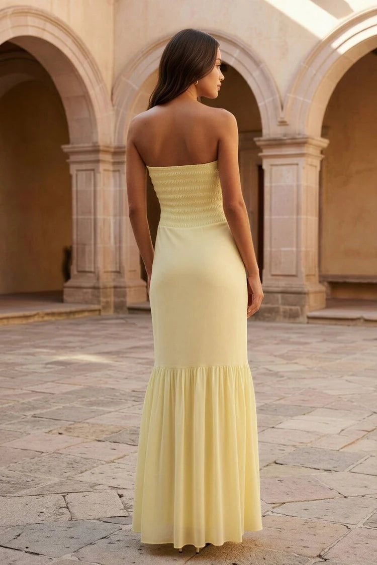Elegant A-Line Ruffled Strapless Sleeveless Flowy Pastel Yellow Floor-Length Prom Dress