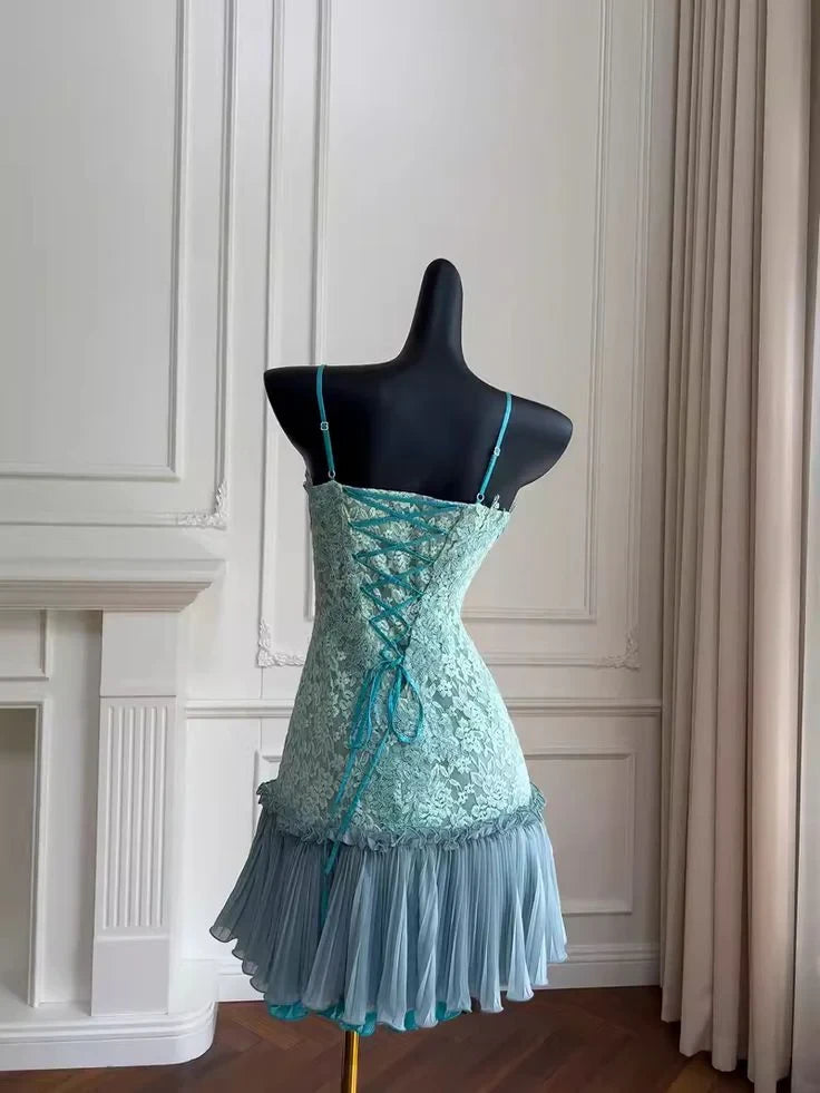 Elegant A-Line Ruffled Sweetheart Spaghetti Strap Lace-Up Back Mini Homecoming Dresses