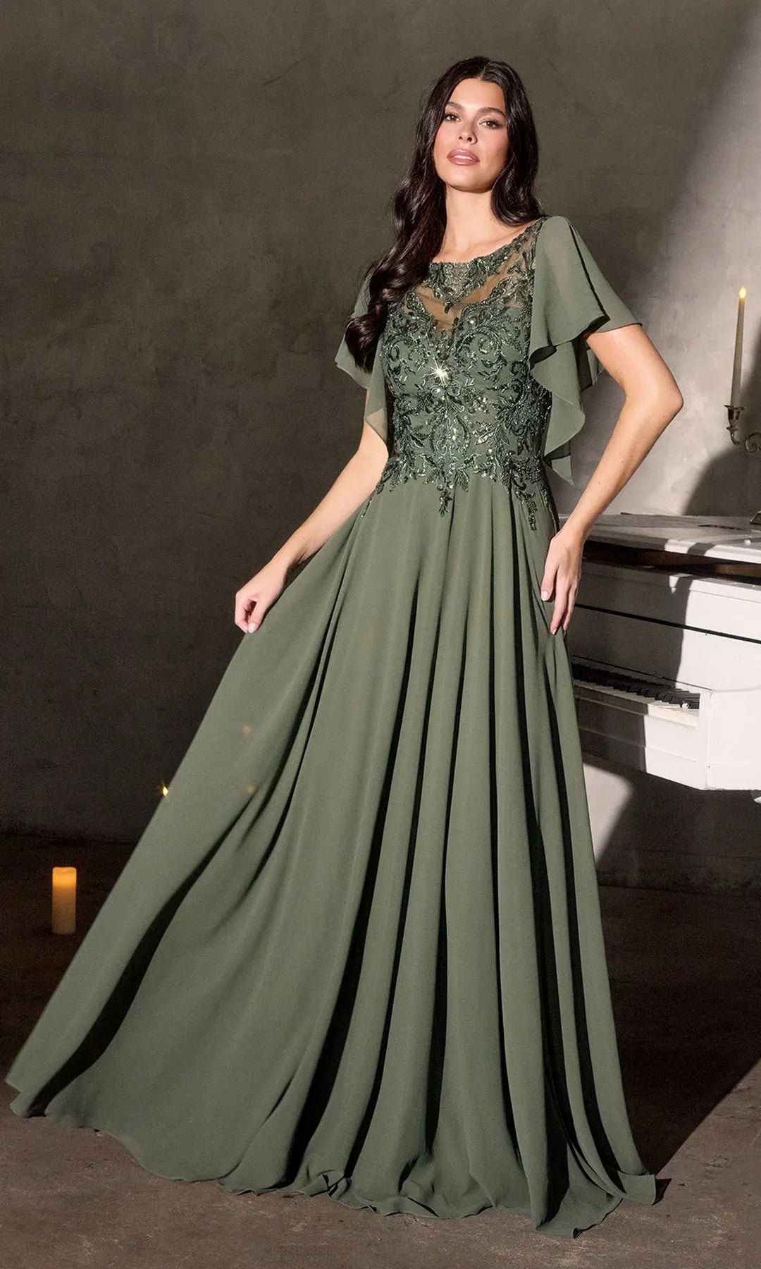 Elegant A-Line Scoop-Neck Flutter-Sleeve Beaded Pleated Olive Long Prom Dresses Women-Gown