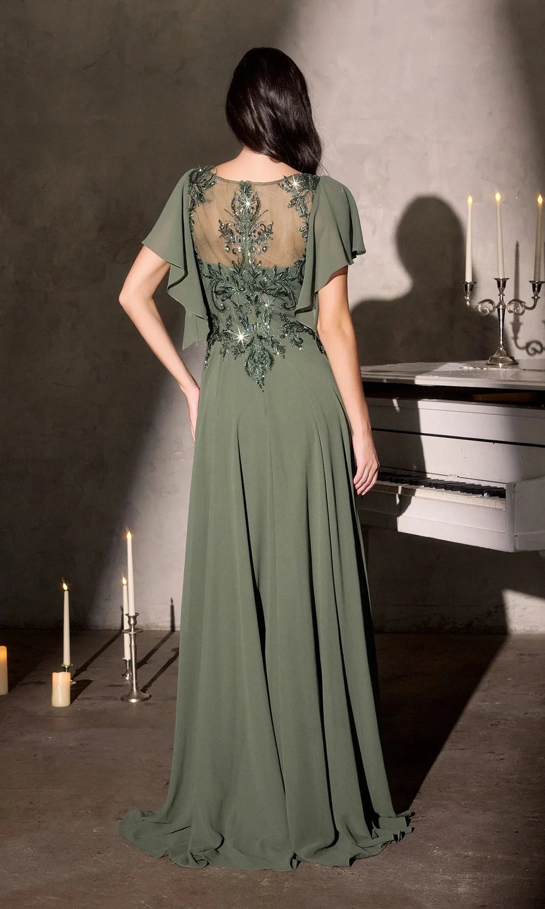 Elegant A-Line Scoop-Neck Flutter-Sleeve Beaded Pleated Olive Long Prom Dresses Women-Gown