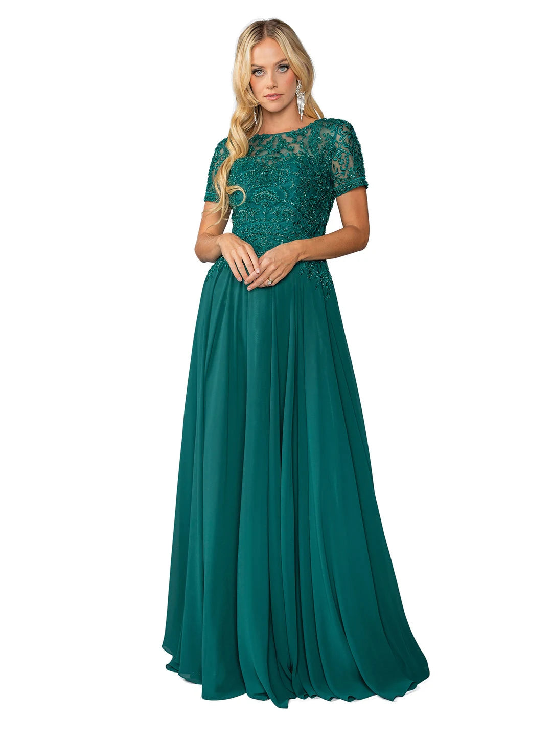 Elegant A-Line Scoop-Neck Short-Sleeve Beaded Embroidered Green Maxi Prom Dresses Women