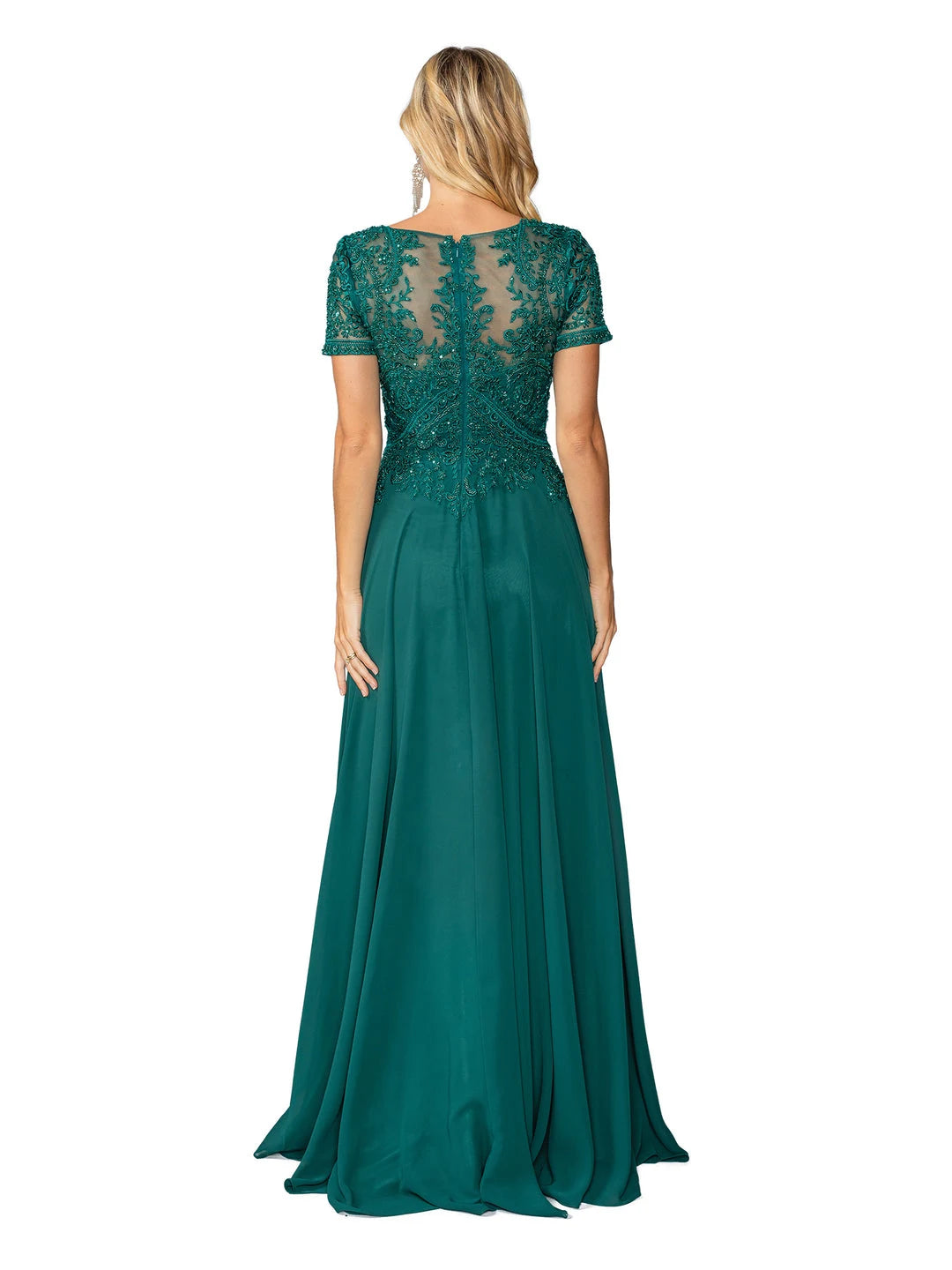 Elegant A-Line Scoop-Neck Short-Sleeve Beaded Embroidered Green Maxi Prom Dresses Women