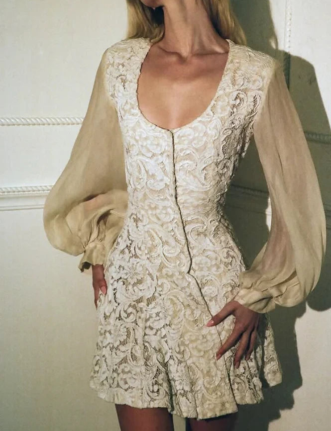 Elegant A-Line Scoop Neck Sheer Puff Sleeve Mini Homecoming Dress with Intricate Lace Detail