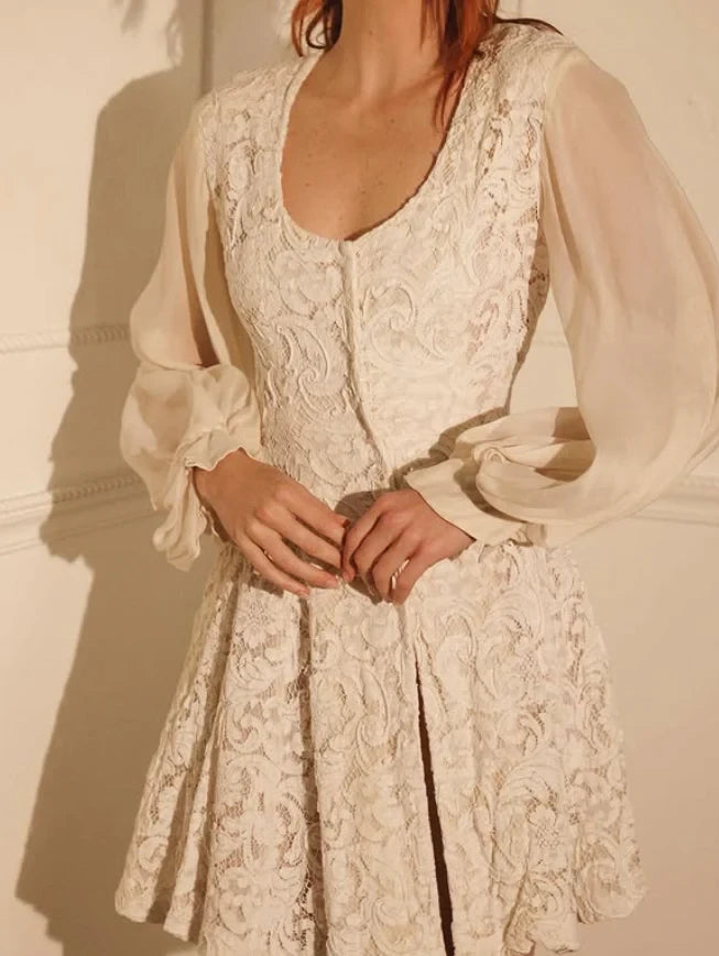 Elegant A-Line Scoop Neck Sheer Puff Sleeve Mini Homecoming Dress with Intricate Lace Detail