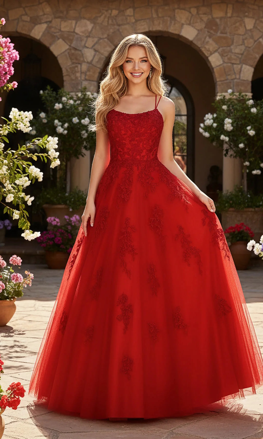 Elegant A-Line Scoop Sleeveless Backless Corset Red Long Prom Dresses Gown