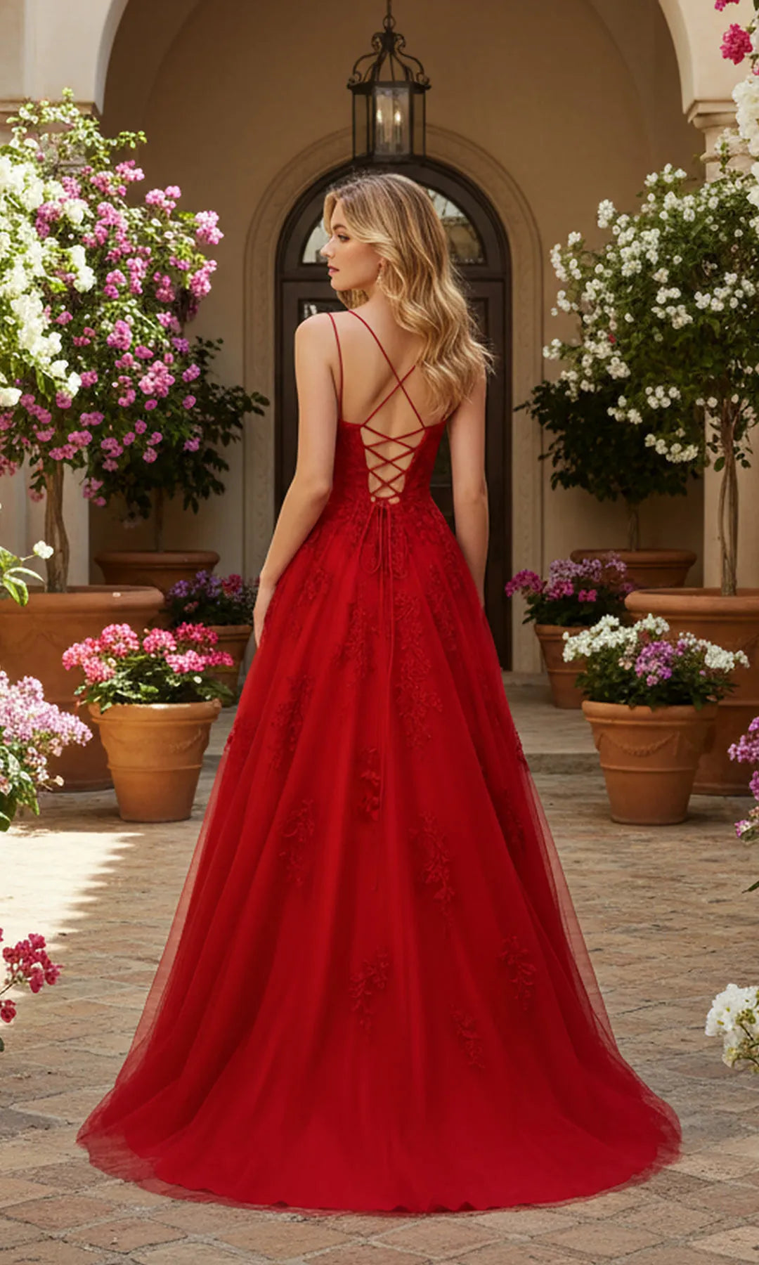 Elegant A-Line Scoop Sleeveless Backless Corset Red Long Prom Dresses Gown