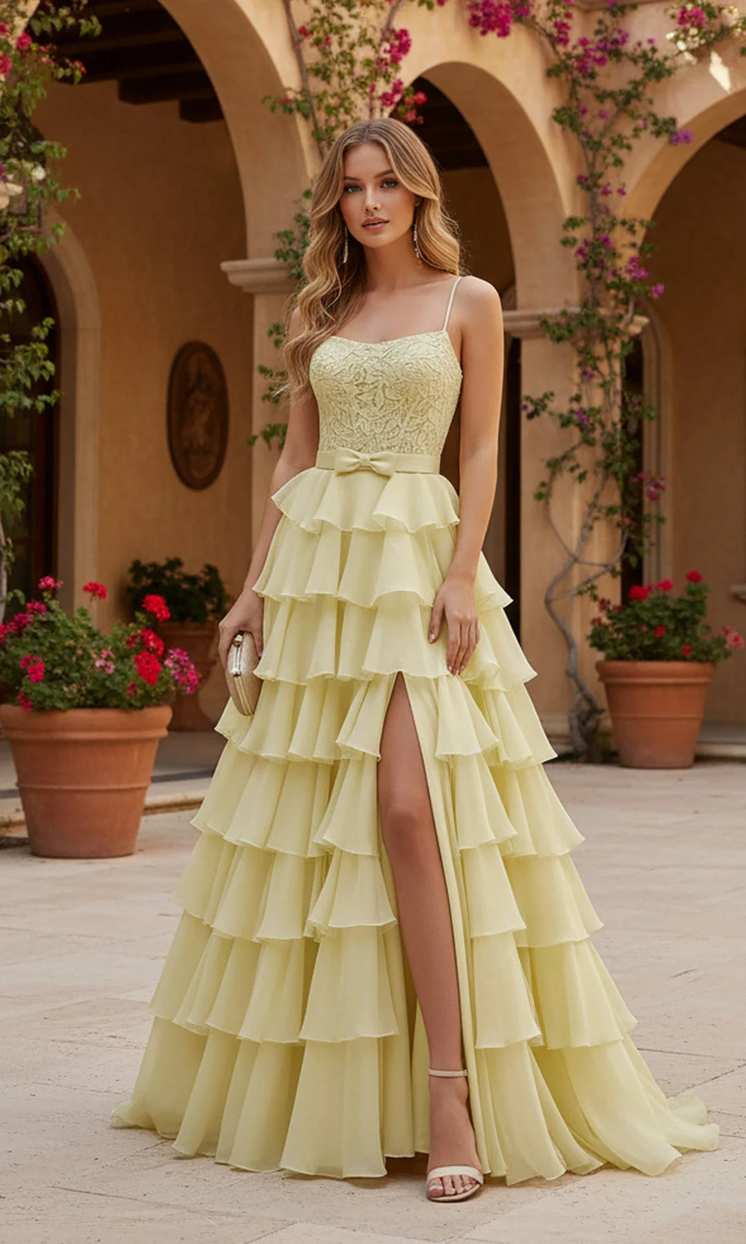 Elegant A-Line Scoop Sleeveless Tiered Slit Yellow Maxi Prom Dresses Women Gown