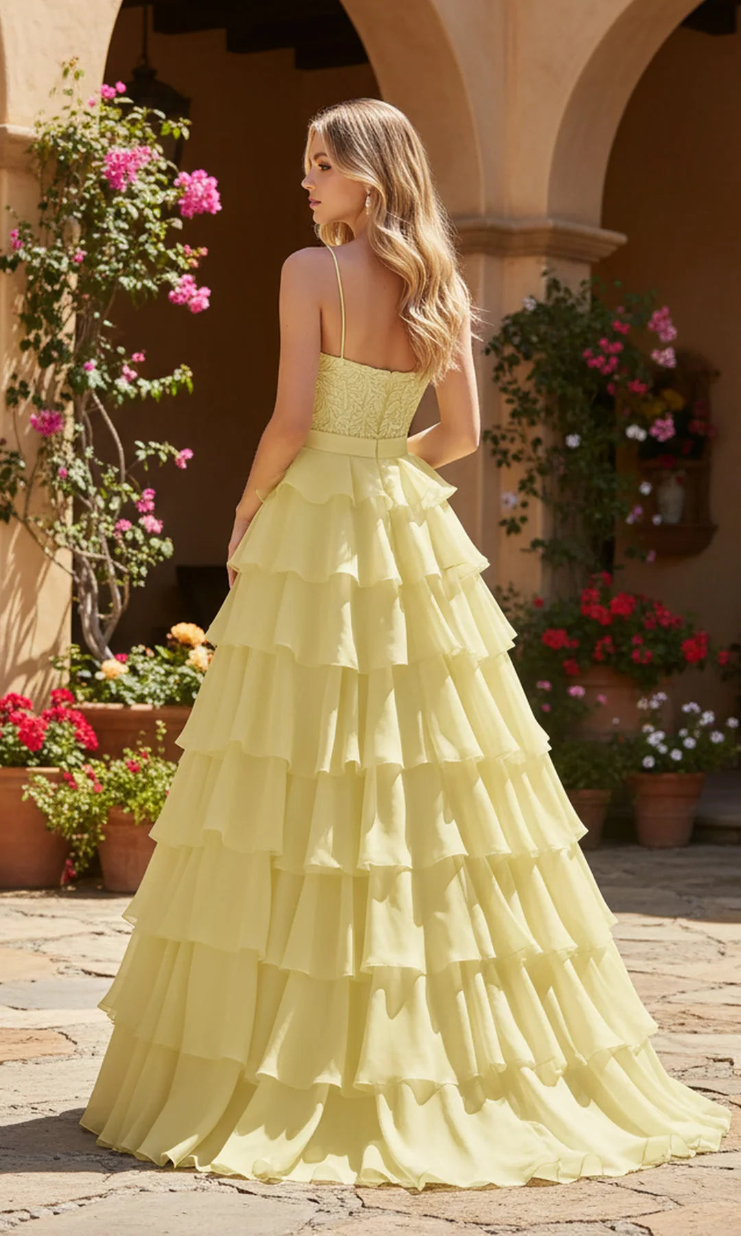 Elegant A-Line Scoop Sleeveless Tiered Slit Yellow Maxi Prom Dresses Women Gown