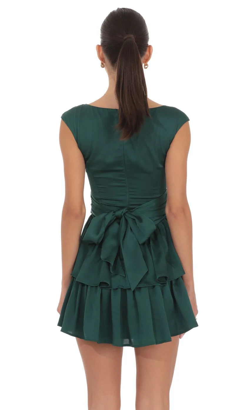 Elegant A-Line Square Neck Cap Sleeve Tiered Ruffle Forest Green Mini Homecoming Dress