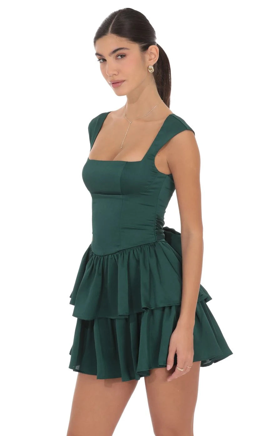 Elegant A-Line Square Neck Cap Sleeve Tiered Ruffle Forest Green Mini Homecoming Dress