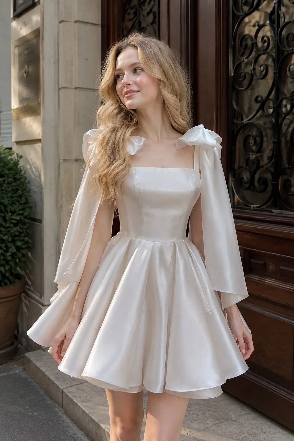 Elegant A-Line Square Neck Detached Bell Sleeve Lace-Up Back Mini Homecoming Dresses