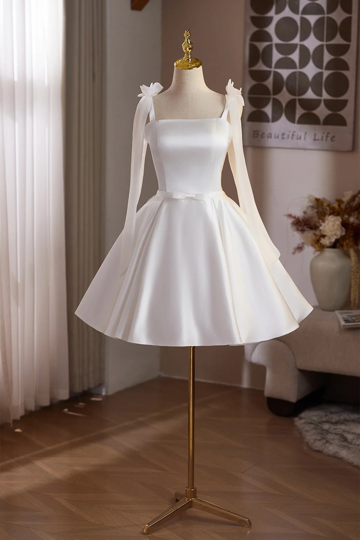 Elegant A-Line Square Neck Long Sheer Sleeve Lace-Up Back Short Homecoming Dress