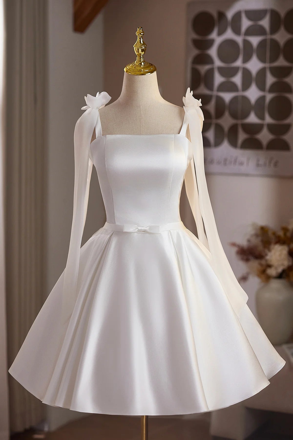 Elegant A-Line Square Neck Long Sheer Sleeve Lace-Up Back Short Homecoming Dress