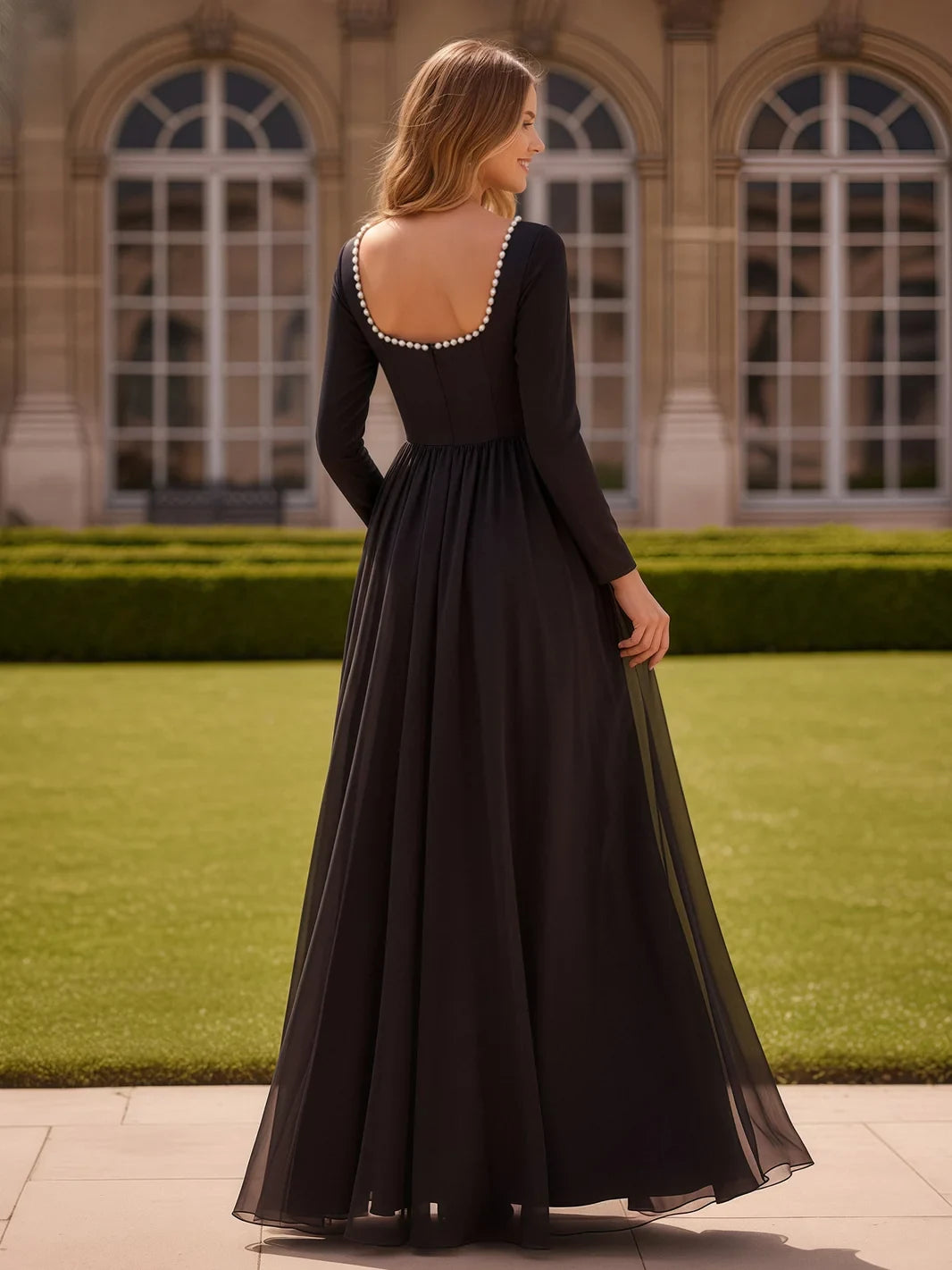 Elegant A-Line Square Neck Long Sleeve Pearl Trim Black Floor-Length Prom Dresses for Women