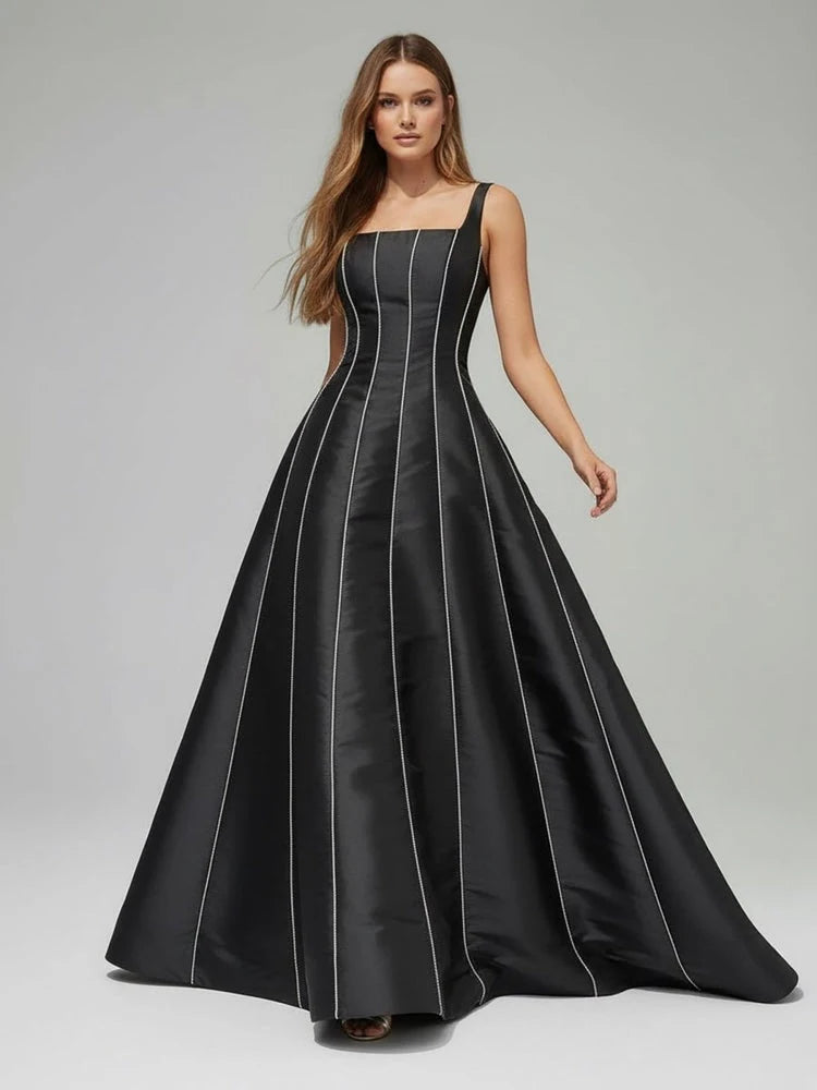 Elegant A-Line Square Neck Sleeveless Beaded Corset Black Floor-Length Prom Gown
