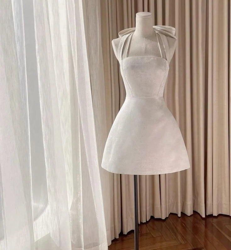 Elegant A-Line Square Neck Sleeveless Bow Back Ivory Mini Homecoming Dress