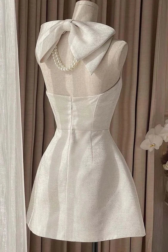 Elegant A-Line Square Neck Sleeveless Bow Back Ivory Mini Homecoming Dress