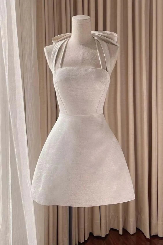 Elegant A-Line Square Neck Sleeveless Bow Back Ivory Mini Homecoming Dress