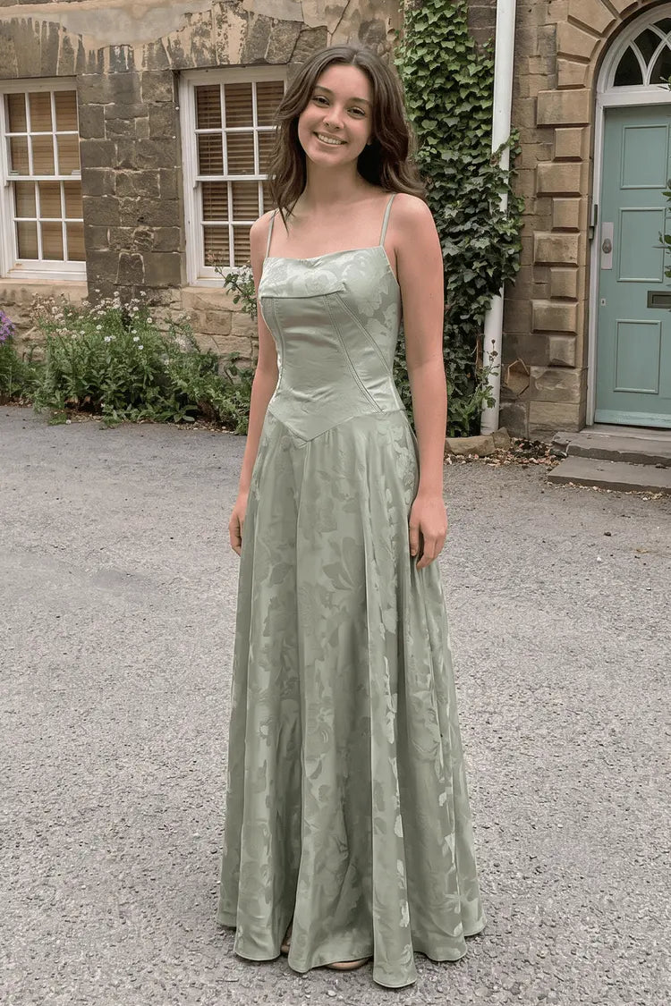 Elegant A-Line Square Neck Sleeveless Corset Lace-Up Sage Green Floor-Length Prom Gown