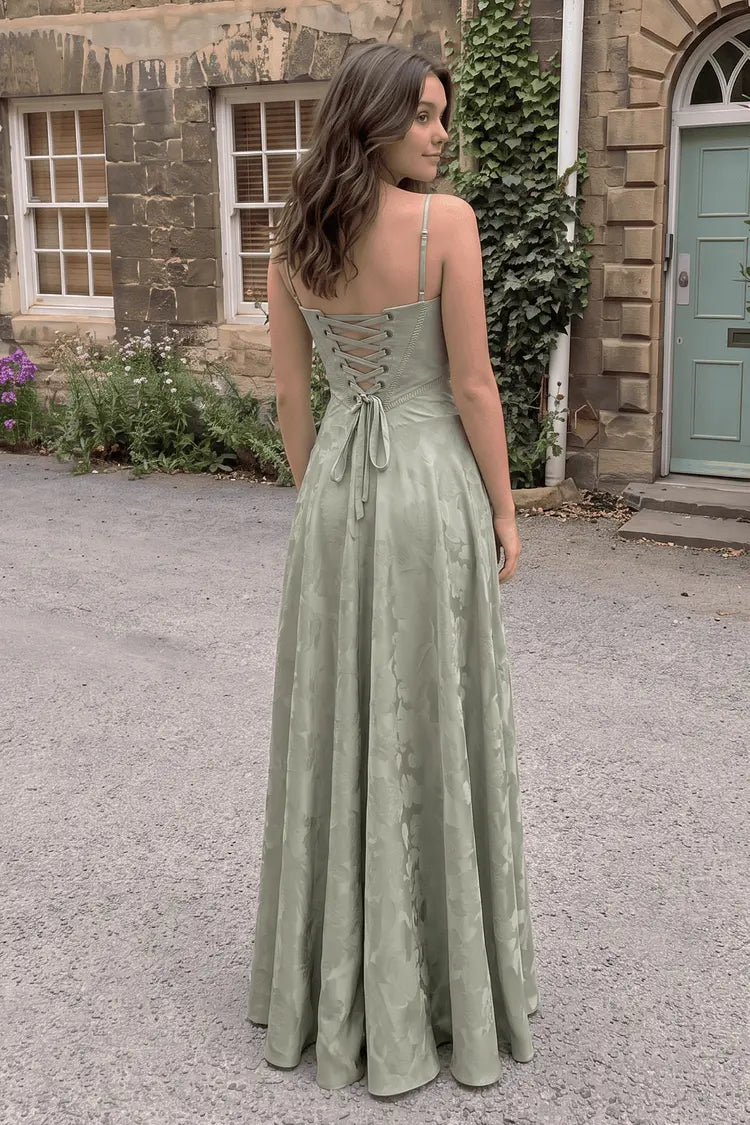 Elegant A-Line Square Neck Sleeveless Corset Lace-Up Sage Green Floor-Length Prom Gown