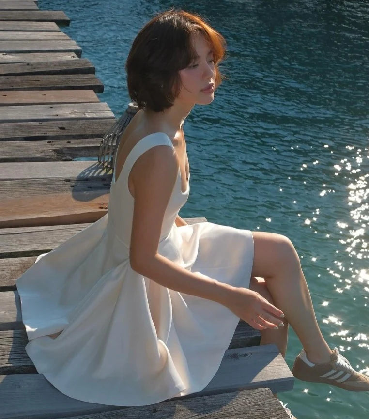 Elegant A-Line Square Neck Sleeveless Puffy Cream Short Homecoming Dress