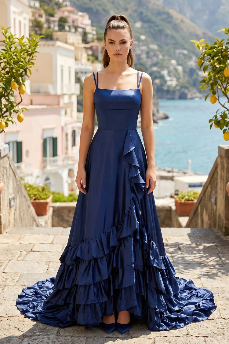 Elegant A-Line Square Neck Sleeveless Ruffled Backless Navy Prom Gown