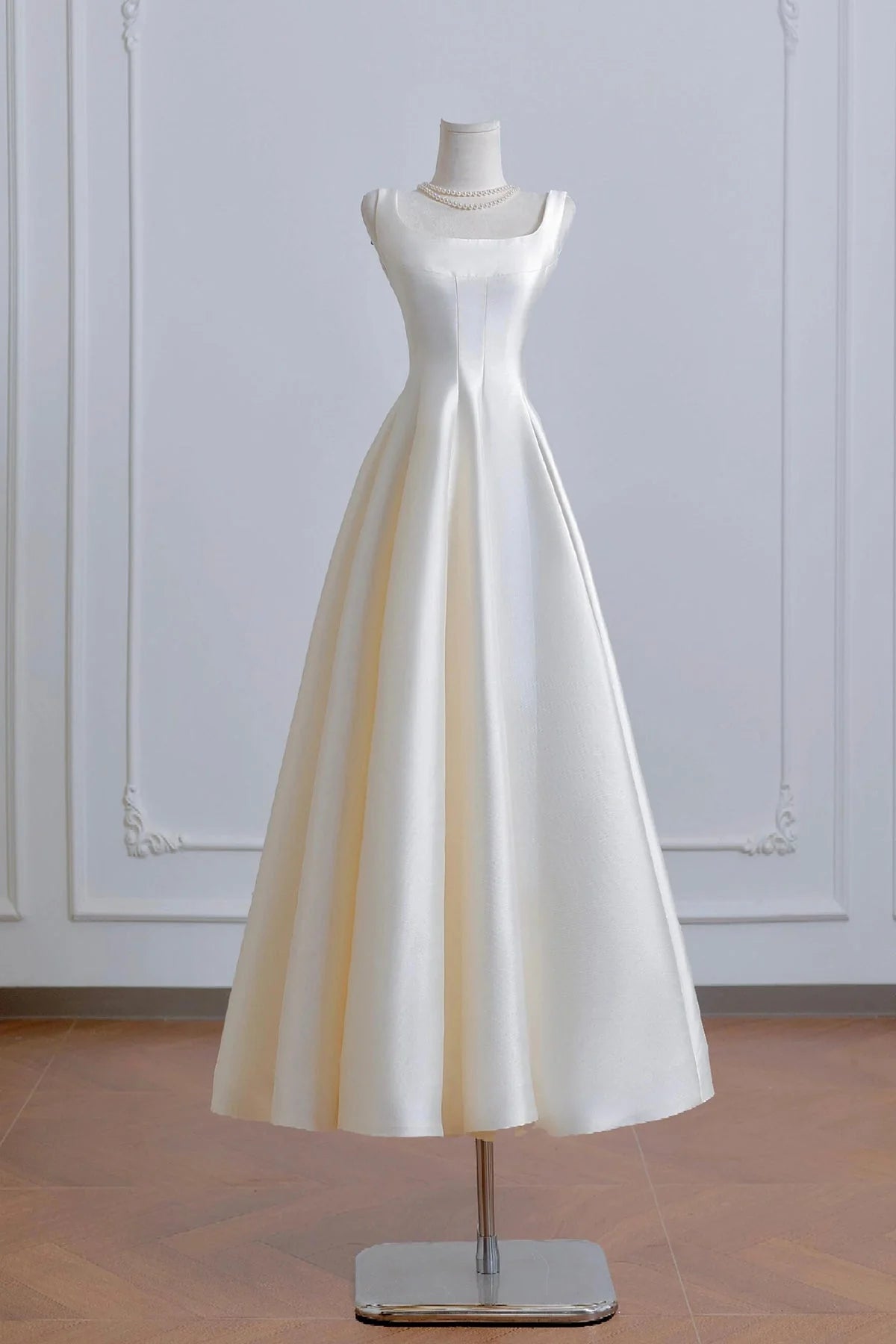 Elegant A-Line Square Neck Sleeveless Scoop Back Tea-Length Ivory Satin Homecoming Dresses