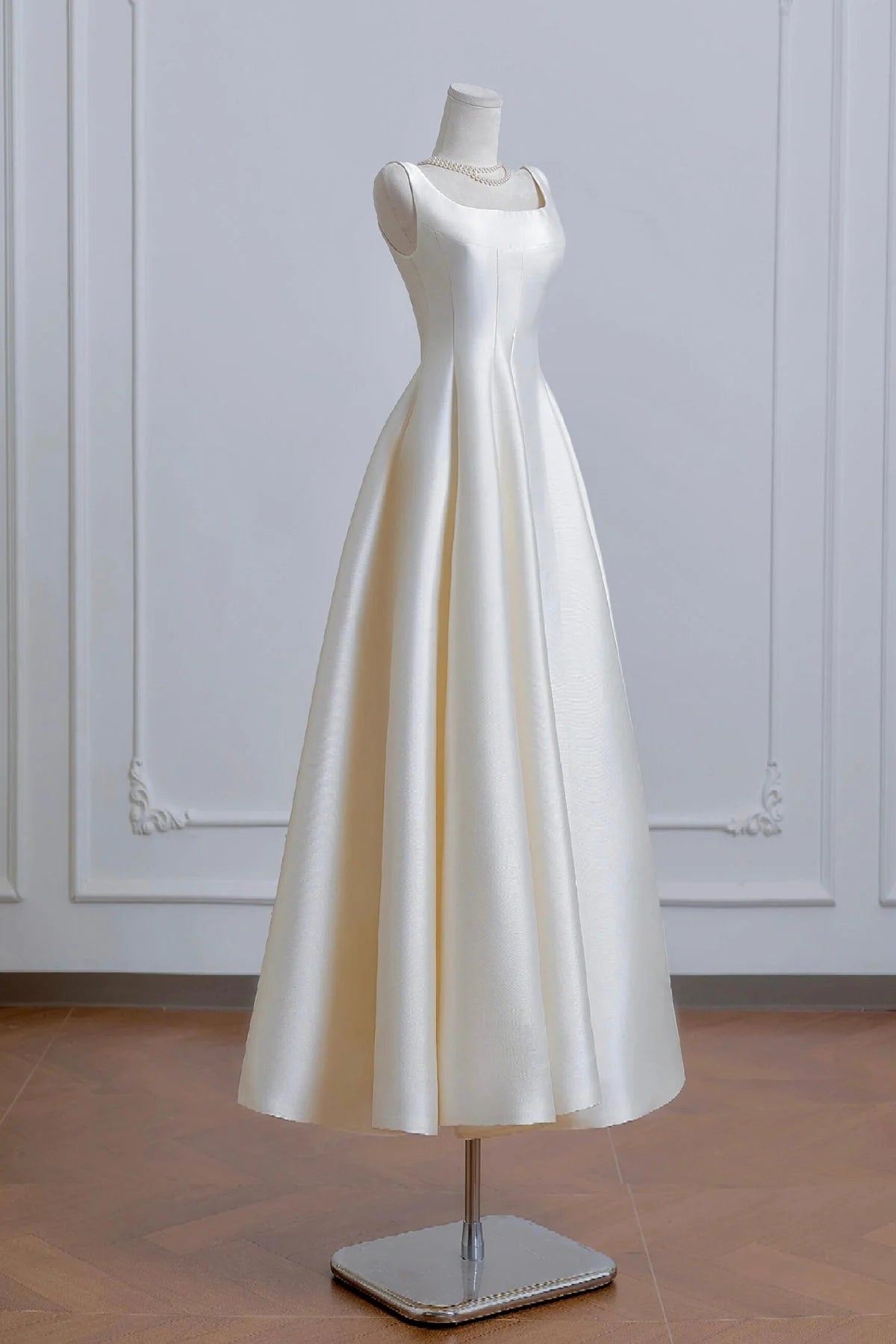 Elegant A-Line Square Neck Sleeveless Scoop Back Tea-Length Ivory Satin Homecoming Dresses