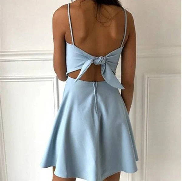 Elegant A-Line Square Neck Sleeveless Tie-Back Light Blue Mini Homecoming Dress
