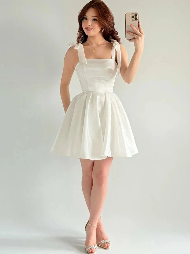 Elegant A-Line Square Neck Tie-Shoulder White Short Homecoming Dress for Women
