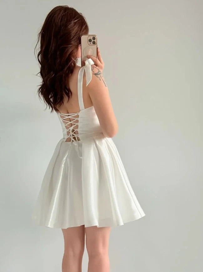 Elegant A-Line Square Neck Tie-Shoulder White Short Homecoming Dress for Women