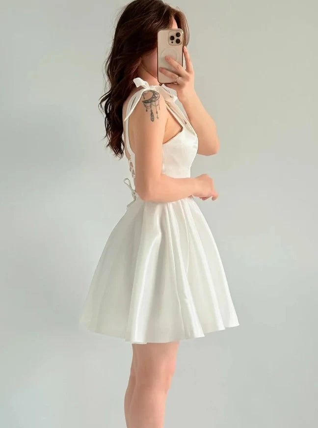 Elegant A-Line Square Neck Tie-Shoulder White Short Homecoming Dress for Women