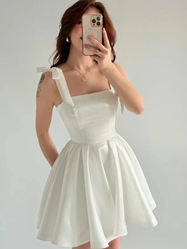 Elegant A-Line Square Neck Tie-Shoulder White Short Homecoming Dress for Women