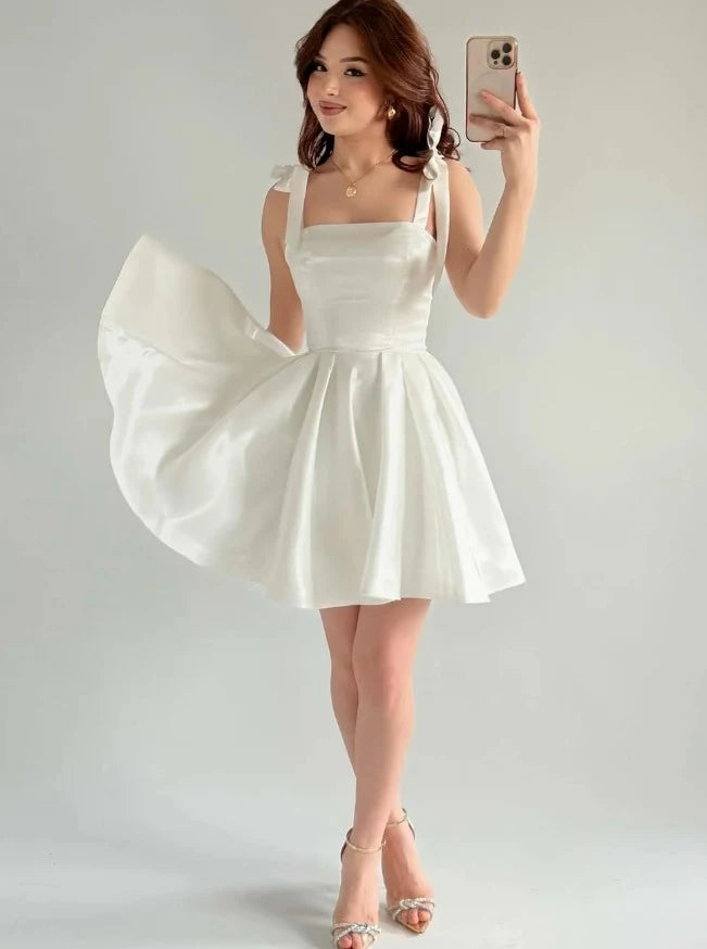 Elegant A-Line Square Neck Tie-Shoulder White Short Homecoming Dress for Women