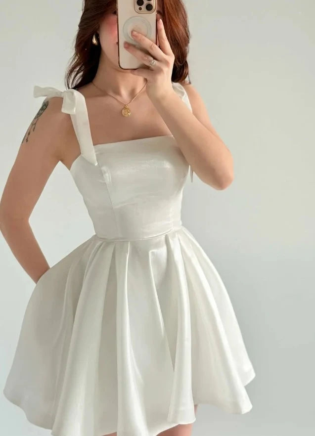 Elegant A-Line Square Neck Tie-Shoulder White Short Homecoming Dress for Women