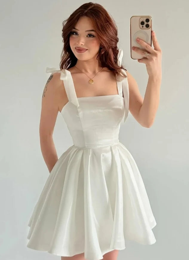 Elegant A-Line Square Neck Tie-Shoulder White Short Homecoming Dress for Women
