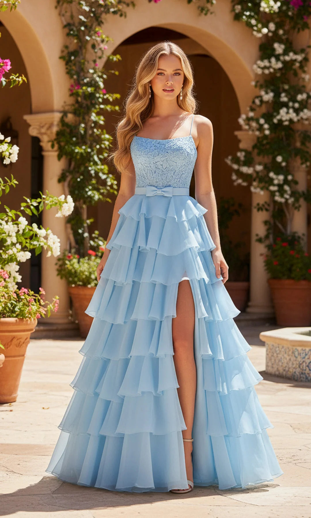 Elegant A-Line Square Sleeveless Tiered Slit Blue Long Prom Dresses Women