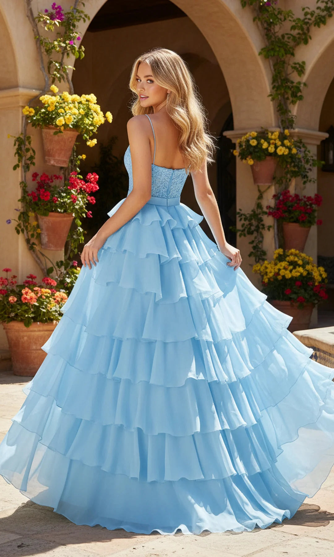 Elegant A-Line Square Sleeveless Tiered Slit Blue Long Prom Dresses Women